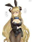  1girl animal_ears bangs blonde_hair blue_eyes blush breasts bunnysuit draph granblue_fantasy horns large_breasts leotard long_hair motitoy pantyhose pointy_ears rabbit_ears rastina very_long_hair 