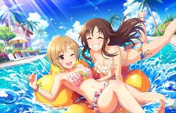  aiba_yumi bikini blush brown_eyes brown_hair idolmaster idolmaster_cinderella_girls idolmaster_cinderella_girls_starlight_stage pool shimamura_uzuki short_hair smile summer 