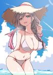  1girl aqua_eyes arm_behind_back bangs bikini black_hair blue_sky braid breasts character_request clouds collaboration copyright_request cowboy_shot hair_over_shoulder hat highres hips large_breasts long_hair midriff navel ocean open_mouth sherumaru_(korcht06) side_braid sky smile solo straw_hat summer sun_hat swimsuit teeth water white_bikini 