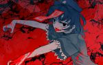  1girl black_eyes blood blood_splatter chinese_clothes fang hat meimaru_inuchiyo miyako_yoshika ofuda outstretched_arms red_background short_hair solo tongue tongue_out touhou upper_body zombie_pose 
