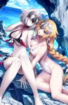  2girls artist_name bikini black_bikini blonde_hair blue_eyes blue_sky blush braid breasts choker cleavage clenched_teeth clouds dual_persona fate/grand_order fate_(series) hand_behind_head headpiece hips jeanne_d&#039;arc_(alter)_(fate) jeanne_d&#039;arc_(fate) jeanne_d&#039;arc_(fate)_(all) jewelry kousaki_rui large_breasts legs multiple_girls navel one-piece_swimsuit open_mouth pale_skin pendant red_bikini rock seascape signature silver_hair single_braid sky smile swimsuit teeth thighs two-tone_bikini waist white_swimsuit yellow_eyes 