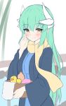  1girl absurdres bangs blue_kimono blush brown_eyes closed_mouth dragon_horns eyebrows_visible_through_hair fate/grand_order fate_(series) green_hair hair_between_eyes highres horns japanese_clothes kimono kiyohime_(fate/grand_order) long_hair long_sleeves moyoron rubber_duck scarf smile solo towel very_long_hair wide_sleeves yellow_scarf 