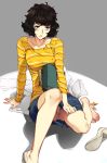  1girl :&lt; arm_support binder black_hair blush collarbone covered_nipples denim denim_skirt feet kawakami_sadayo looking_at_viewer messy messy_hair panties pantyshot paper persona persona_5 shadow shirt shoe_removed sitting skirt skirt_tug solo striped striped_shirt sweatdrop toes underwear white_panties 