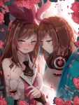  2girls a.i._channel blush breasts brown_hair cleavage closed_mouth eyebrows_visible_through_hair green_eyes hairband headphones headphones_around_neck highres kizuna_ai large_breasts long_hair looking_at_another multicolored_hair multiple_girls parted_lips pink_hair pot-palm smile 
