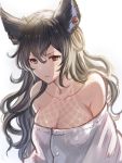  1girl animal_ears bangs bare_shoulders black_hair breasts buttons cleavage closed_mouth collarbone earrings erune eustace-flamek granblue_fantasy hair_between_eyes highres ilsa jewelry large_breasts long_hair looking_at_viewer off-shoulder_shirt red_eyes shirt simple_background solo tan tanline wavy_hair white_background white_shirt 