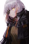  1girl bangs blonde_hair brown_shirt cloak closed_mouth commentary_request corruption expressionless eyepatch girls_frontline highlights jacket m16a1_(girls_frontline) mole mole_under_eye multicolored_hair open_clothes open_jacket sangvis_ferri scar scar_across_eye shirt sidelocks silence_girl simple_background spoilers two-tone_hair upper_body white_background white_hair yellow_eyes 