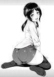  1girl ass blush greyscale highres long_hair looking_at_viewer monochrome open_mouth original ponytail shirt shorts sitting smile solo thigh-highs wariza yosiura 