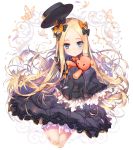  1girl abigail_williams_(fate/grand_order) bangs black_bow black_dress black_hat blonde_hair blue_eyes blush bow bug butterfly dress fate/grand_order fate_(series) frilled_dress frilled_sleeves frills hair_bow hat holding holding_stuffed_animal holding_toy hong_(white_spider) insect long_hair long_sleeves looking_at_viewer no_hat no_headwear orange_bow parted_bangs polka_dot polka_dot_bow shiny shiny_hair sleeves_past_fingers sleeves_past_wrists stuffed_animal stuffed_toy teddy_bear white_bloomers 