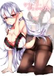  1girl absurdres adjusting_hair all_fours ass azur_lane bangs black_legwear breasts character_name cleavage collarbone eyebrows_visible_through_hair graf_zeppelin_(azur_lane) hair_between_eyes highres large_breasts lingerie long_hair looking_at_viewer navel open_mouth panties panties_under_pantyhose pantyhose parted_lips red_eyes sidelocks silver_hair skindentation solo stomach tea_texiamato underwear underwear_only very_long_hair 