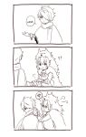 1boy 1girl 3koma angry animal_costume cape comic english fur_trim gloves hair_over_one_eye jewelry mella monochrome octopath_traveler open_mouth paw_pose scarf short_hair simple_background smile therion_(octopath_traveler) tressa_(octopath_traveler) wolf wolf_costume 