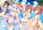  4girls akatsuki_(kantai_collection) aruka_(alka_p1) beach bikini bikini_skirt blue_eyes blue_sarong blue_sky blush breasts brown_eyes brown_hair closed_mouth clouds collarbone day expressionless eyebrows_visible_through_hair fang flower folded_ponytail frilled_bikini frills front-tie_top hair_flower hair_ornament hairclip hands_on_headwear hat hat_flower hibiki_(kantai_collection) highres holding holding_innertube ikazuchi_(kantai_collection) inazuma_(kantai_collection) innertube jitome kantai_collection lifted_by_self long_hair looking_at_viewer multiple_girls navel off_shoulder one_eye_closed open_mouth orange_sarong outdoors parka purple_hair sarong sarong_lift short_hair side-tie_bikini silver_hair sky small_breasts smile splashing stomach straw_hat swimsuit thighs verniy_(kantai_collection) violet_eyes 