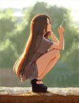  1girl aro_(charged_time_out) brown_hair cigarette full_body long_hair looking_to_the_side original shirt shorts smoke smoking solo squatting t-shirt 