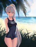  1girl arms_behind_back bare_shoulders beach black_swimsuit blush breasts character_name cloel closed_mouth clouds cloudy_sky collarbone competition_school_swimsuit covered_navel cowboy_shot d: day frown girls_frontline grass grey_hair hair_between_eyes hair_ornament hair_scrunchie long_hair looking_at_viewer medium_breasts name_tag ocean open_mouth outdoors palm_tree pkp_(girls_frontline) scrunchie side_ponytail sky solo swimsuit tree very_long_hair yellow_eyes 