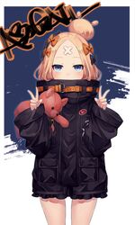  1girl abigail_williams_(fate/grand_order) bangs black_bow black_jacket blonde_hair blue_eyes blush bow character_name chariot.f commentary_request covered_mouth cowboy_shot double_v eyebrows_visible_through_hair fate/grand_order fate_(series) hair_bow hair_bun hands_up jacket long_hair long_sleeves looking_at_viewer orange_bow parted_bangs polka_dot polka_dot_bow sleeves_past_wrists solo standing stuffed_animal stuffed_toy teddy_bear v 