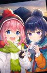  2girls :&lt; :d artist_name bangs beanie blue_eyes blue_hair blush cup eyebrows_visible_through_hair green_scarf hair_between_eyes hair_bun happy hat highres hitsukuya jacket kagamihara_nadeshiko long_hair mount_fuji mountain multicolored multicolored_stripes multiple_girls open_clothes open_jacket open_mouth orange_jacket pink_hair plaid pom_pom_(clothes) reaching_out red_hat scarf self_shot shima_rin sidelocks smile striped striped_scarf sunrise teeth v violet_eyes white_jacket winter_clothes yurucamp 