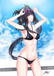  1girl alternate_costume architect_(girls_frontline) bangs bikini black_hair blue_sky blush breasts chaciooh character_name cleavage clouds collarbone cowboy_shot day girls_frontline hands_on_eyewear highres long_hair looking_at_viewer medium_breasts nail_polish outdoors pale_skin parted_lips pink_eyes sangvis_ferri side-tie_bikini side_ponytail sidelocks signature sky smile solo star-shaped_eyewear sunglasses swimsuit very_long_hair 