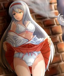  1girl blush bra breasts cigarette crying crying_with_eyes_open eyebrows_visible_through_hair gloves grey_hair hair_between_eyes headband highres japanese_clothes kantai_collection kimono large_breasts long_hair open_mouth panties shoukaku_(kantai_collection) smoke tears underwear very_long_hair wall white_bra white_gloves white_panties yellow_eyes zanntetu 