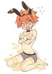 1boy animal_ears ano_hito_no_i_ni_wa_boku_ga_tarinai blush boxer_briefs bunny_boy bunny_day bunny_tail covering covering_chest dated detached_collar embarrassed fake_animal_ears fake_tail funatsugi_makie grey_briefs honey_day inuzumi looking_at_viewer male_focus male_underwear orange_hair rabbit_ears signature simple_background sitting tail underwear underwear_only wariza wavy_mouth white_background wrist_cuffs yellow_eyes 