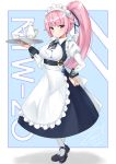  1girl alternate_costume apron bangs black_footwear black_ribbon blush breasts buckle buttons character_name closed_mouth crossed_ankles dated eyebrows_visible_through_hair full_body girls_frontline hand_on_hip head_tilt holding holding_plate juliet_sleeves large_breasts long_hair long_sleeves looking_at_viewer maid maid_headdress mary_janes neck_ribbon ntw-20_(girls_frontline) pantyhose pink_eyes pink_hair plate ponytail puffy_sleeves ribbon shoes short_sleeves sidelocks signature simple_background skirt solo tassel teapot twitter_username unel very_long_hair white_background white_legwear 