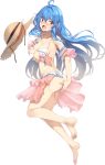  1girl :o ahoge ass bare_shoulders barefoot bikini blue_hair blush breasts cleavage full_body hat hat_removed headwear_removed koga_(oshiro_project) long_hair medium_breasts no_shoes official_art oshiro_project oshiro_project_re red_eyes solo straw_hat swimsuit torn_bikini transparent_background wavy_mouth white_bikini yappen 