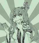  1girl :p bangs blush closed_mouth commentary_request detached_sleeves eyebrows_visible_through_hair frog_hair_ornament green hair_ornament hair_tubes hand_up highres holding holding_phone kochiya_sanae long_hair long_sleeves monochrome natsushiro phone sidelocks snake_hair_ornament solo tongue tongue_out touhou upper_body wide_sleeves 