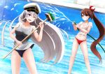  2girls azur_lane bikini broom brown_hair cleaning_brush enterprise_(azur_lane) hair_ornament hat hose long_hair multiple_girls one-piece_swimsuit open_mouth peaked_cap playing ponytail pool shirt smile swimsuit swimsuit_under_clothes tosaka0002 very_long_hair water wet zuikaku_(azur_lane) 