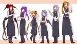  6+girls :d alternate_costume alternate_hairstyle apron arm_up bat_wings black_apron black_footwear black_pants black_vest blonde_hair blue_bow blue_eyes book bow bowtie braid clenched_hand commentary_request crossed_arms crystal demon_tail demon_wings eichi_yuu eyebrows_visible_through_hair flandre_scarlet full_body gloves gloves_removed green_bow grey_bow hair_between_eyes hair_bow hair_ornament hair_ribbon hairclip hand_up head_wings holding holding_book hong_meiling izayoi_sakuya koakuma long_hair long_sleeves looking_at_viewer multiple_girls no_hat no_headwear open_mouth orange_background orange_hair pants patchouli_knowledge pointy_ears purple_hair red_bow red_eyes red_neckwear red_ribbon redhead remilia_scarlet ribbon shadow shirt shoes short_hair short_ponytail side_ponytail sidelocks silver_hair sleeves_rolled_up smile standing tail touhou twin_braids two-tone_background vest violet_eyes waist_apron waitress white_background white_gloves white_shirt wings 