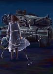  1girl artist_request caterpillar_tracks dress flower ground_vehicle long_hair military military_vehicle motor_vehicle night night_sky original sky tank 