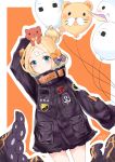  1girl abigail_williams_(fate/grand_order) absurdres arm_up balloon bangs black_bow black_jacket blonde_hair blue_eyes blush bow commentary_request dated dutch_angle eyebrows_visible_through_hair fate/grand_order fate_(series) hair_bow hair_bun highres jacket long_hair long_sleeves looking_at_viewer medjed on_head orange_bow outline parted_bangs polka_dot polka_dot_bow signature sleeves_past_fingers sleeves_past_wrists solo stuffed_animal stuffed_toy suction_cups teddy_bear tentacle white_outline yukineko1018 