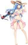 1girl barefoot bikini blue_hair bow_(weapon) breasts cleavage crossbow full_body hand_on_headwear hat holding holding_weapon jewelry koga_(oshiro_project) long_hair looking_at_viewer medium_breasts navel necklace official_art oshiro_project oshiro_project_re red_eyes solo standing straw_hat sun_hat swimsuit transparent_background weapon white_bikini wristband yappen 
