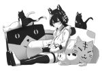  1girl black_cat black_hair black_legwear cat cat_pillow greyscale headphones hood hood_down hoodie mdf_an medium_hair monochrome original sitting solo white_cat white_footwear 