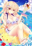  1girl :p absurdres barefoot bikini blonde_hair breasts cleavage collarbone food frilled_bikini frills hair_ornament hairclip highres ice_cream large_breasts long_hair looking_at_viewer navel original red_eyes shiromomo smile solo spoon sundae swimsuit tongue tongue_out two_side_up water 