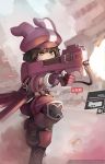  1girl animal_hat brown_hair bullpup gloves gun hat highres holding holding_gun holding_weapon llenn_(sao) p-chan_(p-90) p90 paintrfiend patreon_username pink_gloves pink_hat running short_hair solo submachine_gun sword_art_online sword_art_online_alternative:_gun_gale_online watermark weapon web_address 