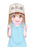  1girl atg_(wttoo0202) blue_shirt brown_eyes brown_hair child flat_cap hat hataraku_saibou highres long_hair looking_at_viewer open_mouth platelet_(hataraku_saibou) shirt short_sleeves simple_background smile solo white_background white_hat 