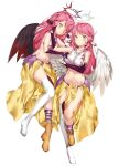  2girls angel_wings black_wings blush breasts chess_piece closed_mouth commentary_request crop_top cross dual_persona feathered_wings halo highres jibril_(no_game_no_life) king_(chess) large_breasts long_hair looking_at_viewer low_wings magic_circle midriff mismatched_legwear multiple_girls navel no_game_no_life orange_eyes pink_hair pixel_(yuxian) shoes sideboob single_shoe smile stomach symbol-shaped_pupils tattoo very_long_hair white_wings wing_ears wings yellow_eyes 