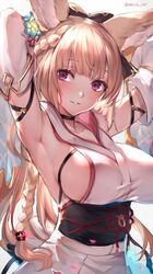  animal_ears armpits arms_behind_head backlighting bangs blonde_hair blush braid breasts character_request choker collarbone copyright_request detached_sleeves eyebrows_visible_through_hair flower fox_ears french_braid hair_between_eyes hair_flower hair_ornament hair_ribbon head_tilt highres japanese_clothes kimono large_breasts long_hair looking_at_viewer obi oyu_(sijimisizimi) parted_lips petals ribbon sash sideboob sidelocks smile twitter_username upper_body very_long_hair violet_eyes yukata 