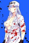  1girl absurdres blood blood_on_face bloody_clothes blue_background blue_eyes breasts cleavage collarbone employee_uniform genderswap genderswap_(mtf) hair_over_one_eye half-closed_eyes hataraku_saibou hataraku_saibou_black highres large_breasts long_hair loon_7774 no_bra open_clothes pants simple_background sleeves_rolled_up solo uniform very_long_hair white_blood_cell_(hataraku_saibou) white_hair white_pants white_uniform 