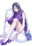  1girl bangs blush breasts china_dress chinese_clothes closed_mouth commentary_request curly_hair dress earrings fate/grand_order fate_(series) feather_boa hair_between_eyes high_heels huge_breasts jewelry knee_up legs long_hair looking_at_viewer low-tied_long_hair minamoto_no_raikou_(fate/grand_order) parted_bangs purple_dress purple_footwear purple_hair simple_background sitting smile solo suzuki_nene thighs very_long_hair violet_eyes white_background 