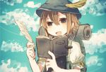  1girl :d backpack bag bangs brown_eyes brown_hair clouds day dot_nose hair_between_eyes hat hat_feather holding kyuaa notebook octopath_traveler open_mouth outdoors puffy_short_sleeves puffy_sleeves quill short_hair short_sleeves sky smile solo tressa_(octopath_traveler) upper_body 