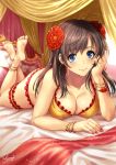 1girl anklet ass bangle bangs bare_shoulders barefoot blue_eyes blush bracelet breasts brown_hair cleavage closed_mouth collarbone crossed_ankles curtains dancer earrings eyebrows_visible_through_hair fate/grand_order fate_(series) flower hair_flower hair_ornament hand_to_own_cheek highres hoop_earrings indoors jewelry large_breasts light_particles long_hair looking_at_viewer lying mata_hari_(fate/grand_order) nail_polish on_bed red_nails sakiyamama sidelocks signature smile solo sparkle thighs 