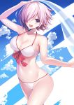  bikini breasts cleavage clouds cloudy_sky collarbone commentary_request cowboy_shot eyes_visible_through_hair fate/grand_order fate_(series) front-tie_bikini front-tie_top hair_over_one_eye highres mash_kyrielight nagiha_kuten open_mouth pink_hair purple_hair short_hair sky swimsuit veil violet_eyes 
