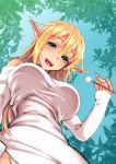  1girl :d blonde_hair blue_eyes blue_sky blush breasts day elf for-u from_below highres large_breasts leaf long_hair looking_at_viewer mimikaki open_mouth outdoors pointy_ears shirt sky smile solo white_shirt 