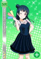  blue_hair blush character_name dress long_hair love_live!_school_idol_festival love_live!_sunshine!! pink_eyes smile tsushima_yoshiko wink 