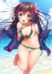  1girl adapted_costume bikini blue_sky brown_eyes brown_hair clouds crescent crescent_moon_pin day frilled_bikini frills gluteal_fold hair_ornament jacket kantai_collection kisaragi_(kantai_collection) leaning_forward long_hair looking_at_viewer minami_(apricot_tea) ocean open_mouth outdoors remodel_(kantai_collection) running sky smile solo swimsuit thigh_gap upper_teeth water white_bikini 