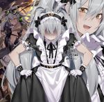  aek-999_(girls_frontline) alternate_costume belt collarbone deathalice ear_piercing english explosion girls_frontline gloves googles grey_hair gun long_hair looking_at_viewer machine_gun maid maid_headdress messy_hair open_mouth piercing shaded_face torn_clothes weapon yellow_eyes 