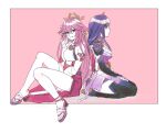  2girls animal_ears bangs black_thighhighs breasts detached_sleeves earrings fox_ears fox_shadow_puppet genshin_impact hair_ornament japanese_clothes jewelry long_hair looking_at_viewer miko multiple_girls pink_hair raiden_shogun simple_background sitting thigh-highs toeless_footwear togatamaki very_long_hair yae_miko 