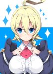  1girl :&lt; ahoge bangs blazblue blonde_hair blue_background blue_eyes blue_jacket blush braid breasts center_frills closed_mouth collared_shirt commentary es_(xblaze) eyebrows_visible_through_hair frills hair_between_eyes huge_ahoge jacket large_breasts long_hair long_sleeves looking_at_viewer milkpanda red_neckwear shirt sidelocks single_braid solo sparkle two-tone_background white_background white_shirt wide_sleeves xblaze 