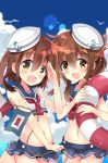  2girls adapted_costume anchor_symbol bikini bikini_skirt bird blue_sailor_collar blue_skirt blue_sky brown_eyes brown_hair clouds cowboy_shot day flag highres hizuki_yayoi ikazuchi_(kantai_collection) inazuma_(kantai_collection) kantai_collection lifebuoy long_hair looking_at_viewer midriff multiple_girls navel neckerchief outdoors pleated_skirt red_neckwear sailor_bikini sailor_collar salute seagull short_hair skirt sky swimsuit 