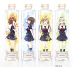  4girls ahoge arms_behind_back black_legwear black_serafuku blonde_hair bottle braid breasts brown_hair character_name closed_eyes closed_mouth commentary_request eyebrows_visible_through_hair flower full_body hair_over_shoulder hair_ribbon hairband in_bottle in_container inside joujou kantai_collection kneehighs light_brown_hair lineup long_hair multiple_girls murasame_(kantai_collection) name_tag pleated_skirt red_neckwear ribbon school_uniform serafuku shigure_(kantai_collection) shiratsuyu_(kantai_collection) short_hair skirt small_breasts smile sparkle twintails twitter_username yuudachi_(kantai_collection) 