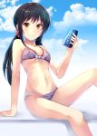  1girl bikini black_hair blue_sky brown_eyes can clouds feet_out_of_frame highres idolmaster idolmaster_cinderella_girls idolmaster_cinderella_girls_starlight_stage long_hair looking_at_viewer low_twintails nakano_yuka pocari_sweat sitting sky smile soda_can solo striped striped_bikini swimsuit twintails z.nov 